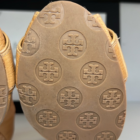 Tory Burch Carnell Royal Tan Leather Peep Toe Cork Wedge Women’s Size 10 M - Picture 14 of 15